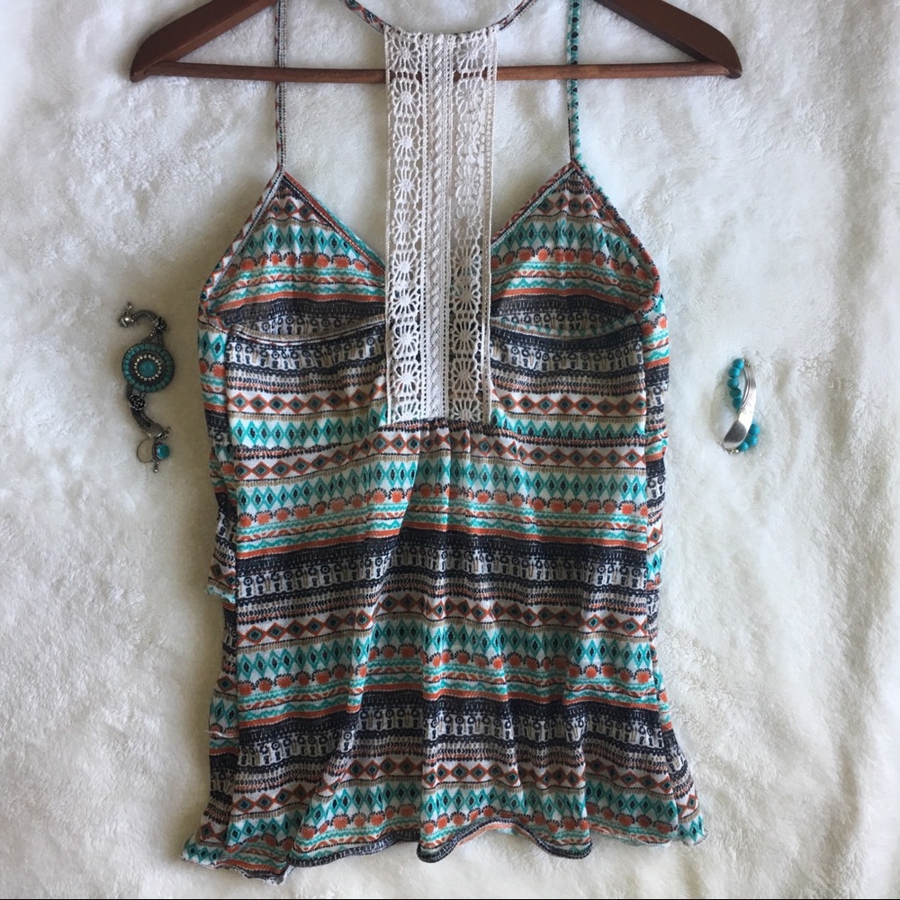 ✌🏼Boho Crochet Lace Yoke Tiered Ruffle Front Top - Picture 5 of 8